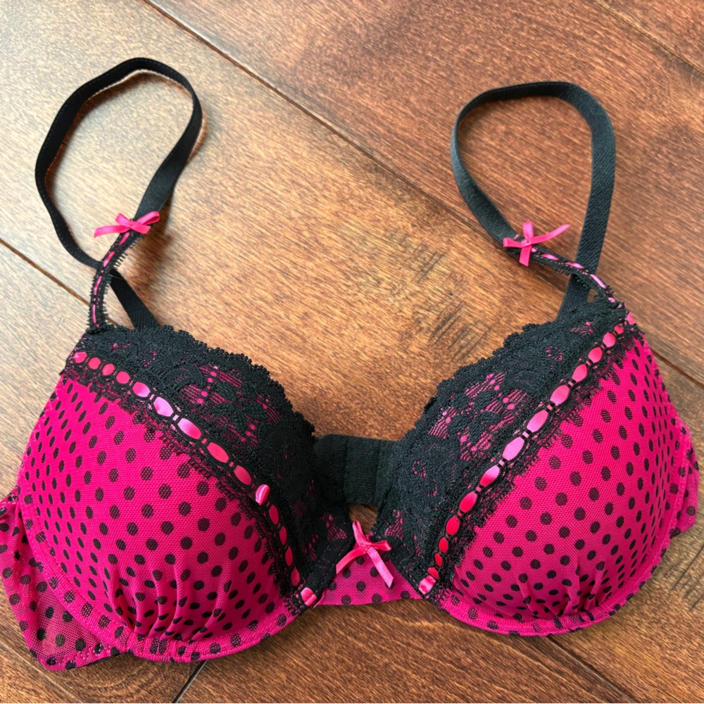 Betsey Johnson Fuchsia and Black Polka Dot Lace Bra